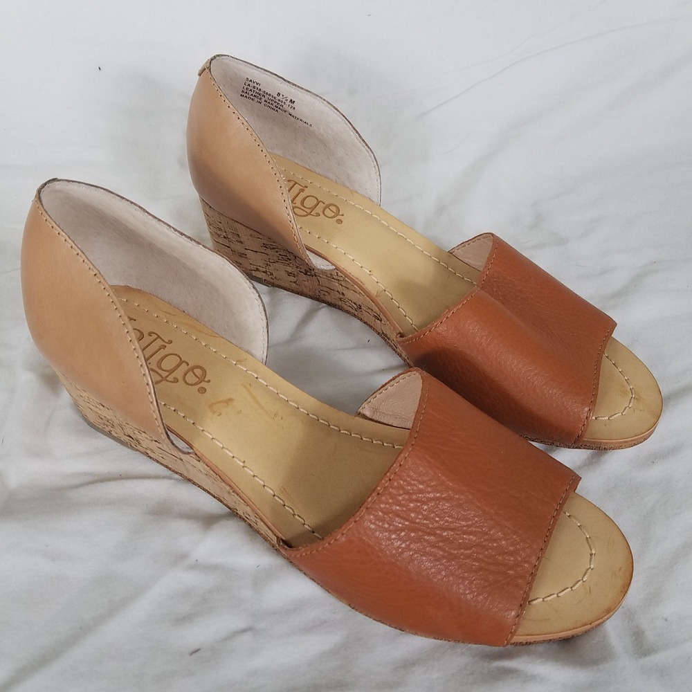 Latigo Savvi Wedge Sandals Women 8.5 Tan Cognac Leather Low Cork Heel dOrsay New